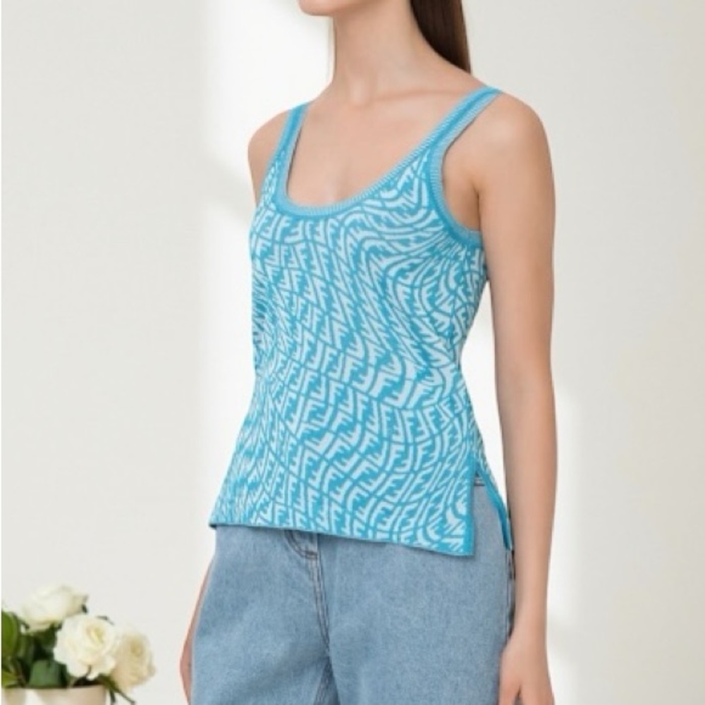 Fendi Blue White FF Logo Knit Tank Top Size 40